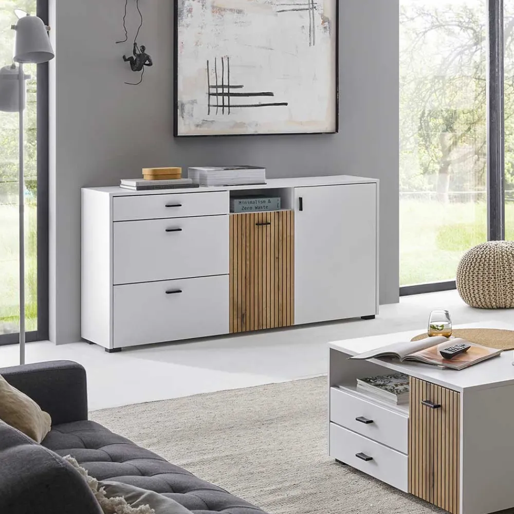 Wohnen Sideboards<Design Sideboard in Mattweiß mit Wildeiche - Nenaloro
