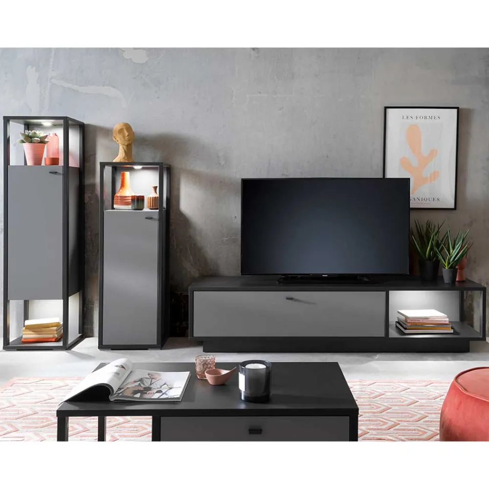 Wohnen Wohnwände<Designer-Wohnwand Möbel in Grau - Ridona (dreiteilig)