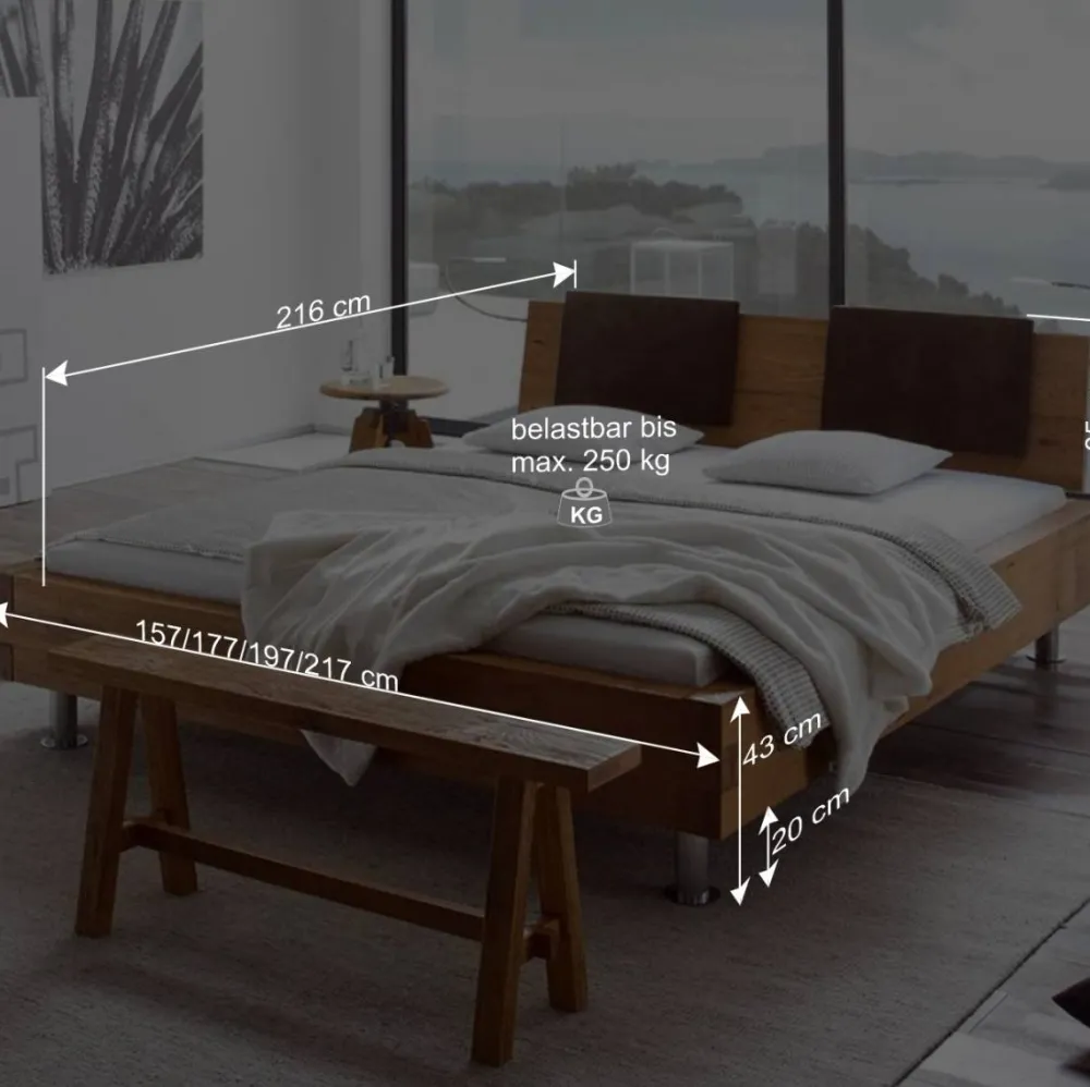 Wohnen Betten<Doppelbett in Balkenoptik Chicola aus Wildeiche Massivholz