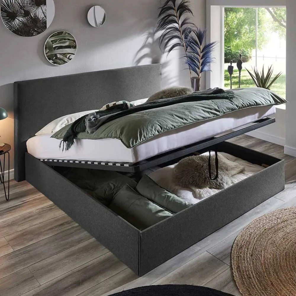 Wohnen Betten<Doppelbett mit Stauraum in Anthrazit Stoff - Clarford