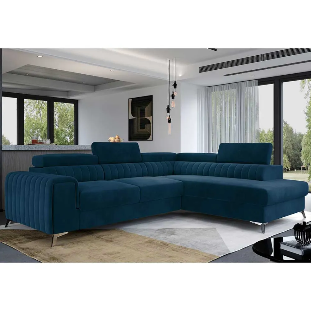 Wohnen Betten|Sofas<Dunkelblaue Samt Wohnlandschaft mit Schlaffunktion - Apyna