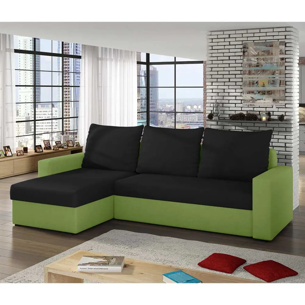 Wohnen Sofas<Ecksofa mit Bettfunktion in Schwarz und Hellgrün - Donlazi