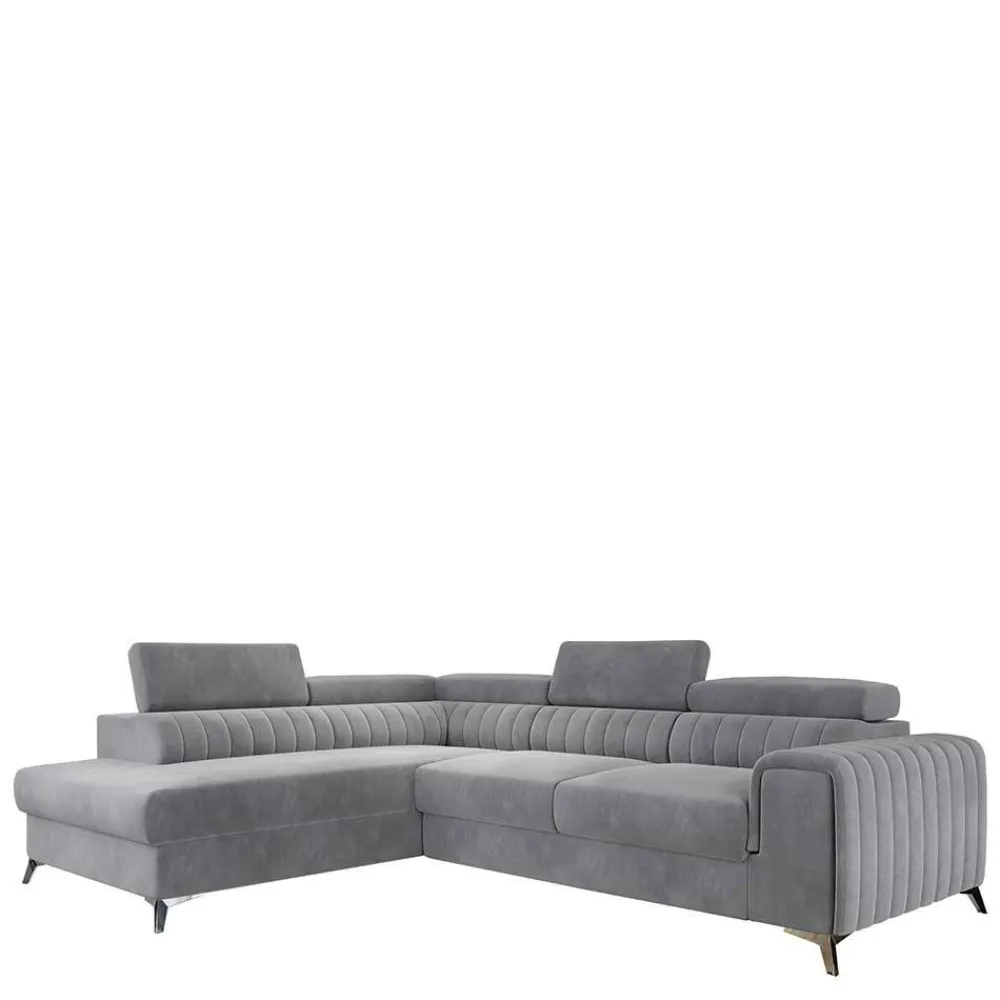 Wohnen Sofas<Ecksofa mit Bettfunktion in Hellgrau Samt - Merandes