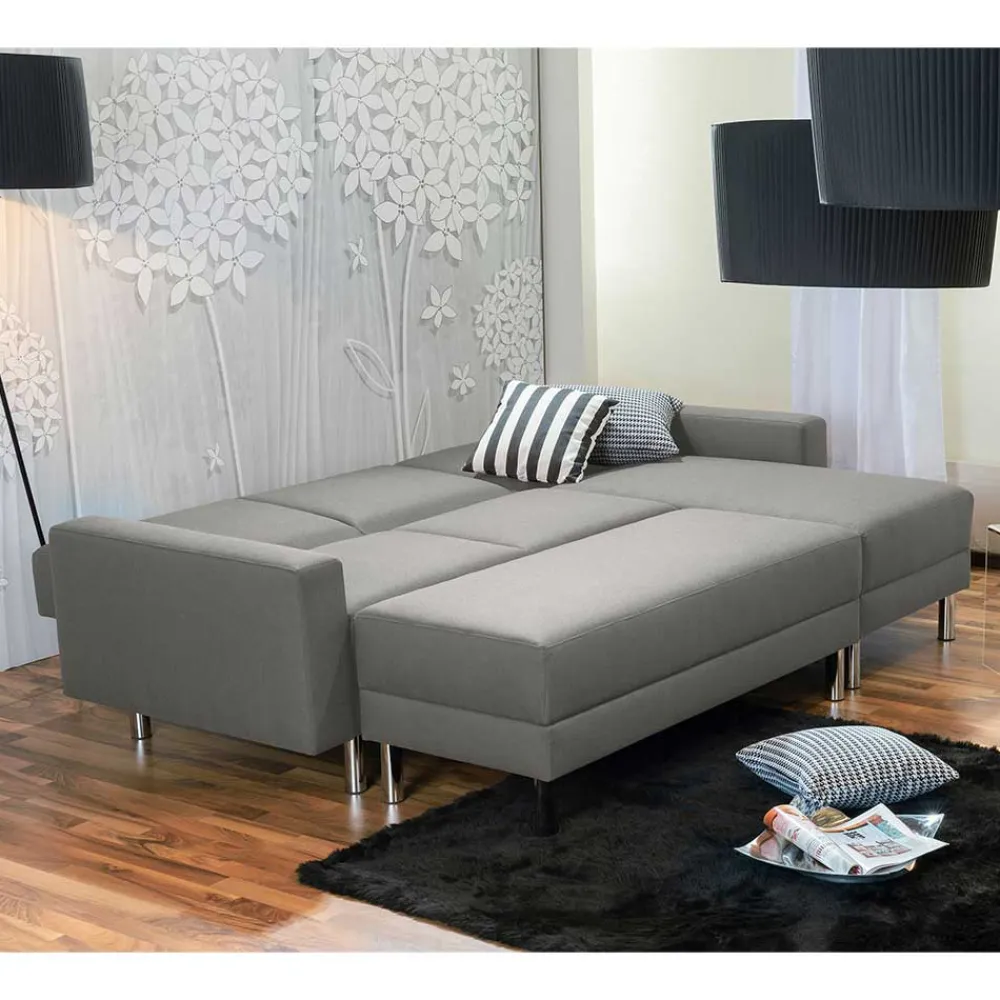Wohnen Sofas<Ecksofa mit Hocker in Hellgrau mit Chrom - Setians (zweiteilig)