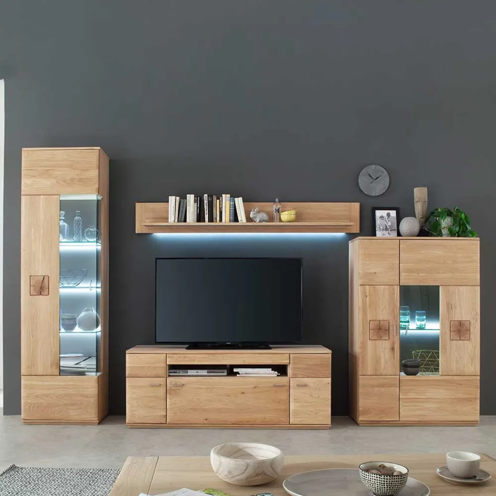 Wohnen Wohnwände<Edle Wohnwand mit 320cm Breite Pontros in Eiche Bianco teilmassiv (vierteilig)
