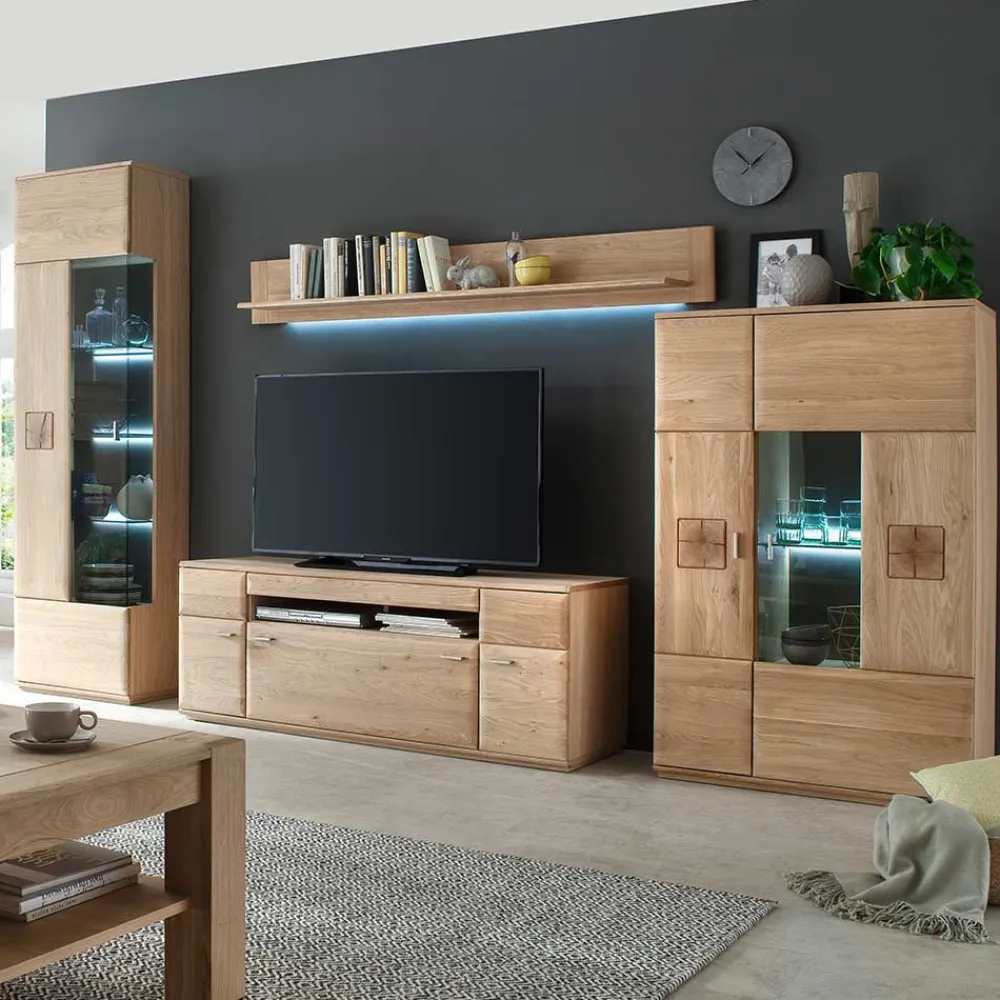 Wohnen Wohnwände<Edle Wohnwand mit 320cm Breite Pontros in Eiche Bianco teilmassiv (vierteilig)