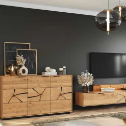 Wohnen Sideboards<Eichenholz Sideboard mit Hirnholz Applikation - Deruta