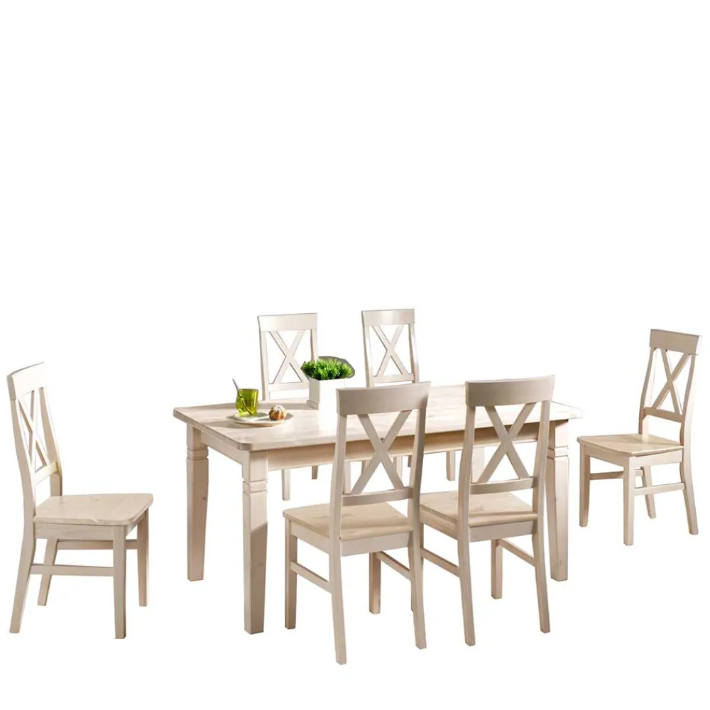 Wohnen Sitzgruppe|Tische<Esstisch mit Stühlen Onesti im skandinavischen Landhausstil (siebenteilig)