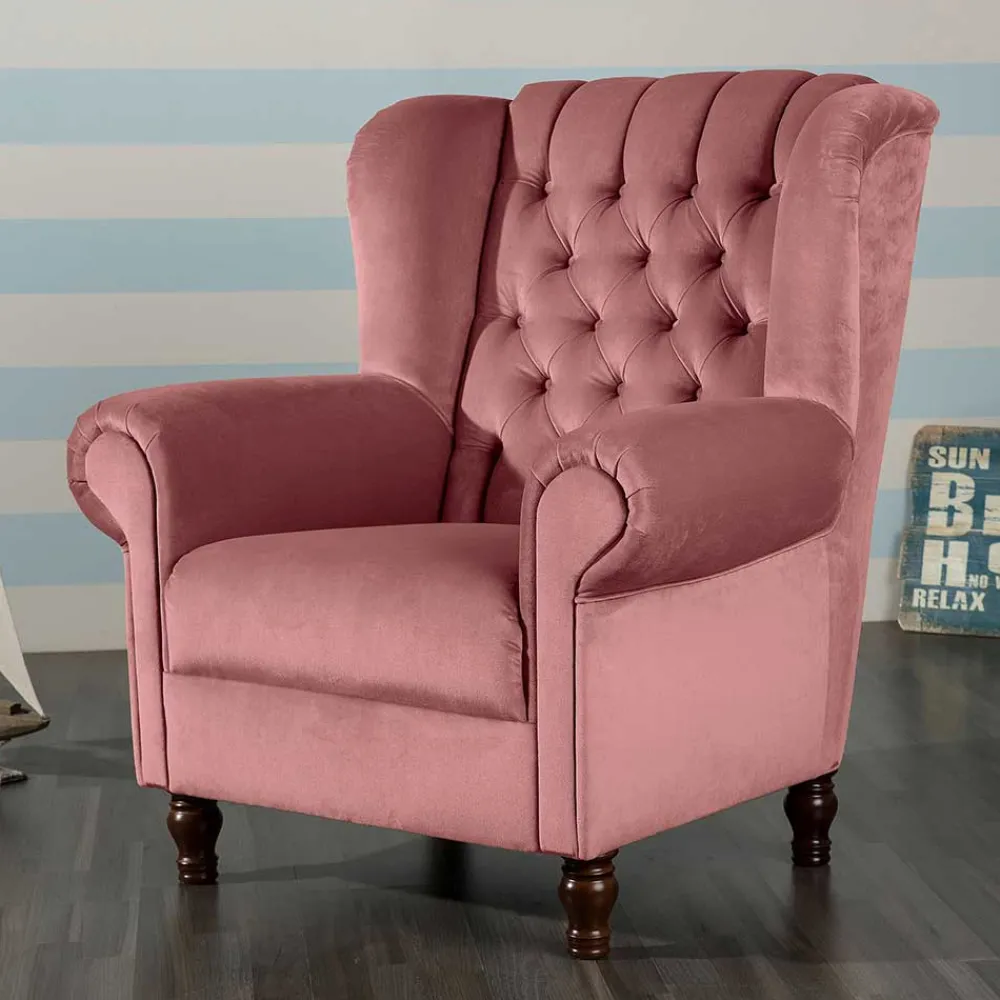 Wohnen Sessel<Federkern-Ohrensessel in Rosa und Nussbaum Braun - Masiela