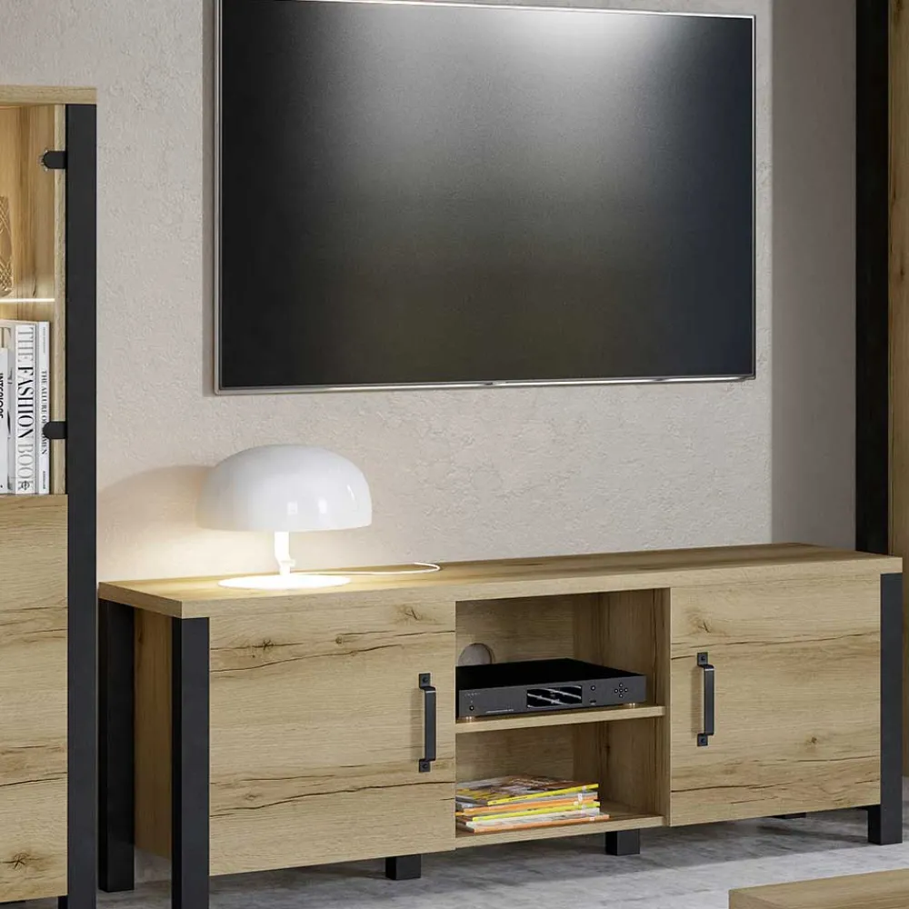 Wohnen Tv & Hifi-Möbel|Lowboards<Fernseher Schrank in Eiche NB & Schwarz - Kanellas