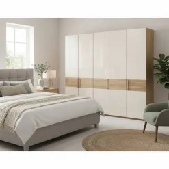 Wohnen Kleiderschränke|Schränke<Glasfront Kleiderschrank in Beige & Eiche - Emdsiva