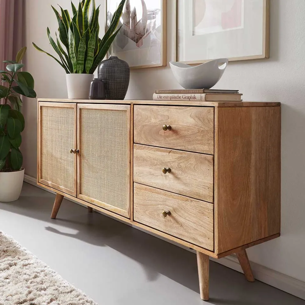 Wohnen Sideboards<Große Kombi-Kommode aus Mangoholz & Rattan - Kanados