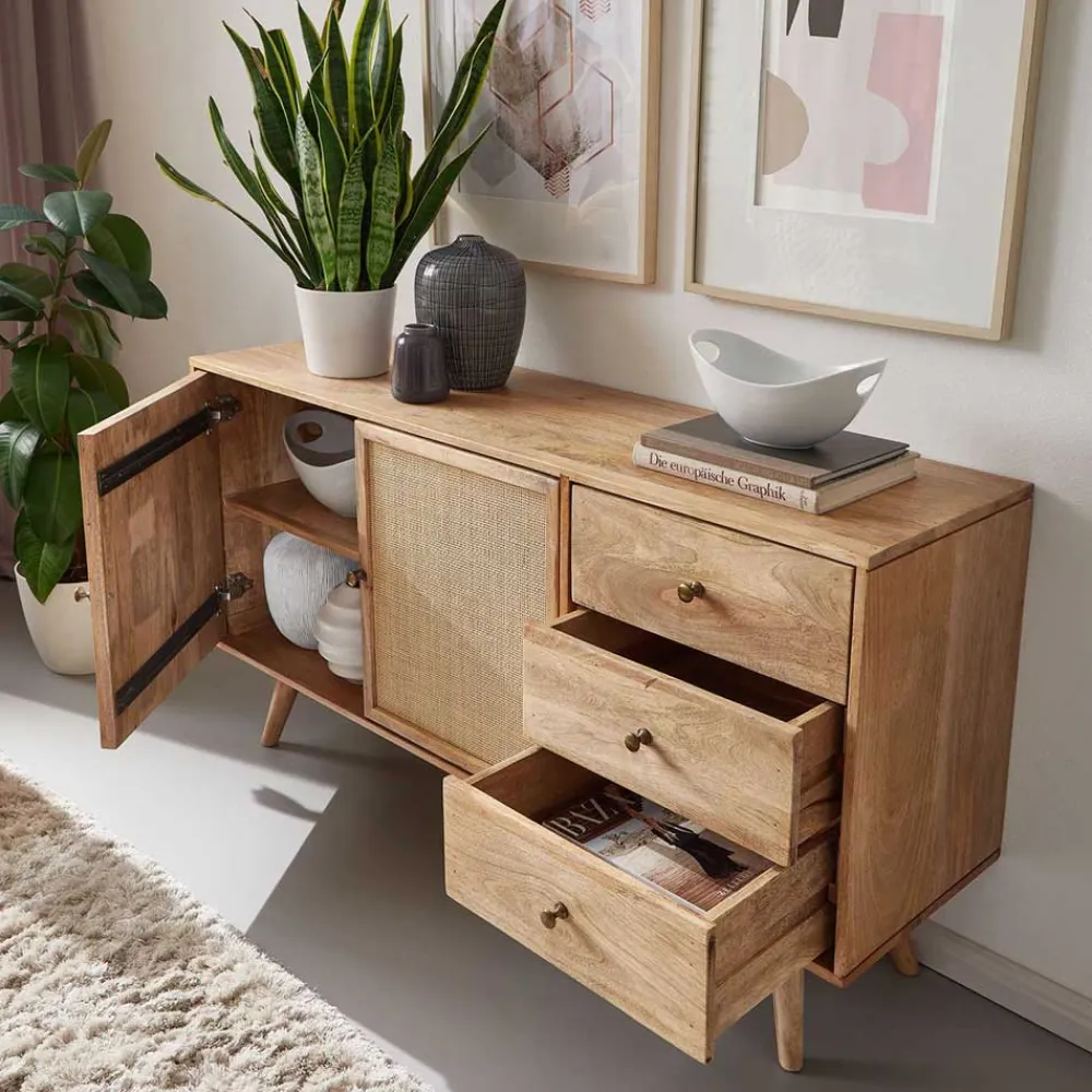 Wohnen Sideboards<Große Kombi-Kommode aus Mangoholz & Rattan - Kanados
