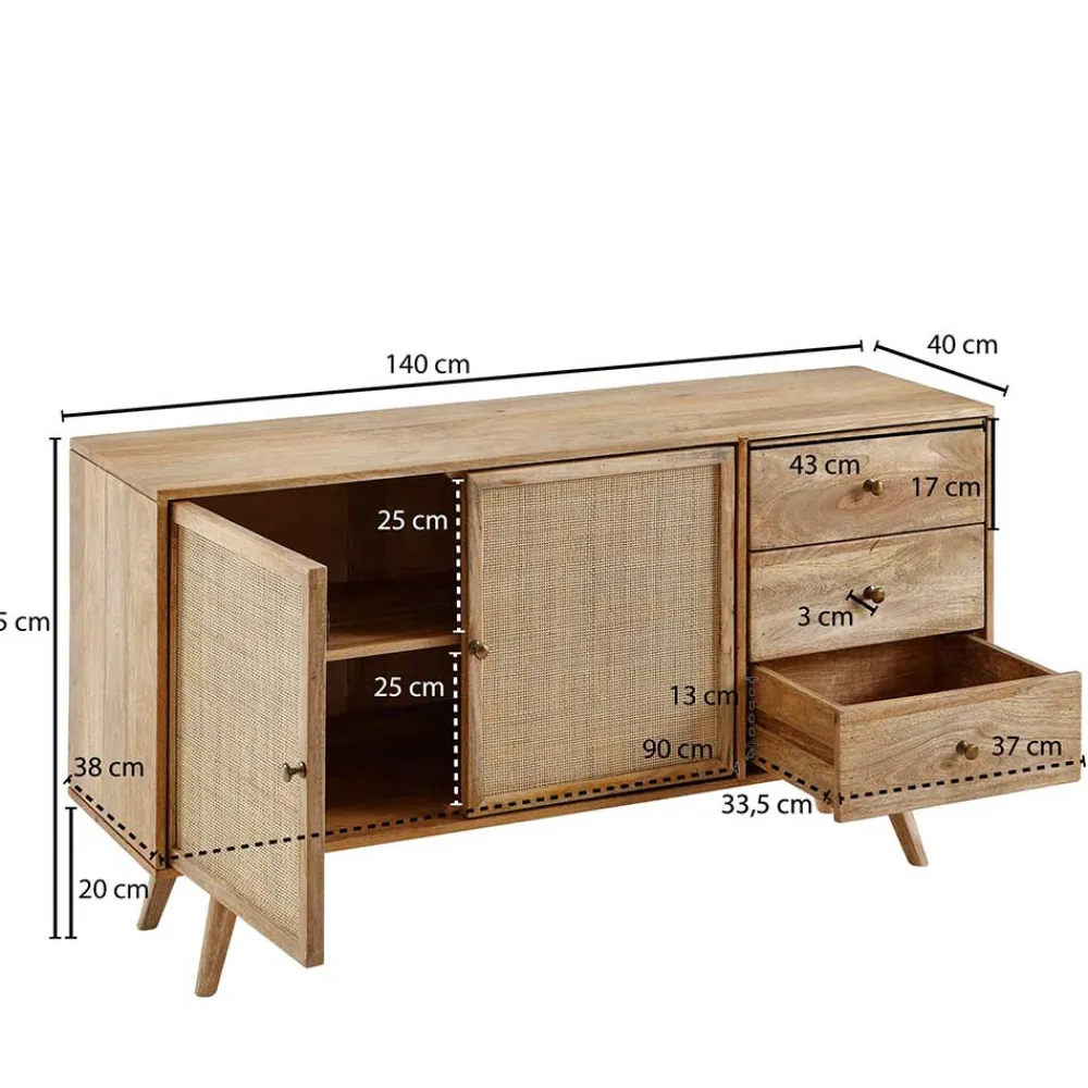 Wohnen Sideboards<Große Kombi-Kommode aus Mangoholz & Rattan - Kanados