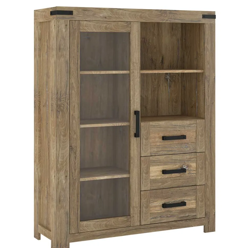 Wohnen Highboards<Highboard in Eiche Dunkel mit Glaseinsatz - Hilary