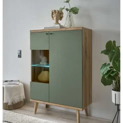 Wohnen Highboards|Vitrinen<Highboard in Graugrün und Wildeiche - Oliva