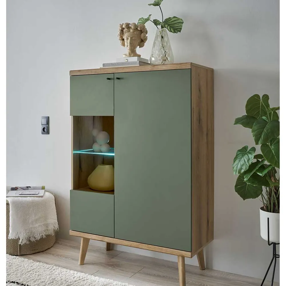 Wohnen Highboards|Vitrinen<Highboard in Graugrün und Wildeiche - Oliva