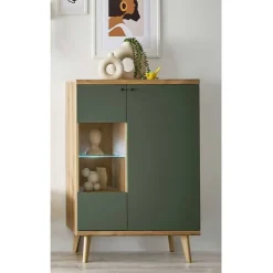 Wohnen Highboards|Vitrinen<Highboard in Graugrün und Wildeiche - Oliva