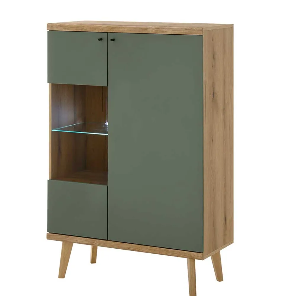 Wohnen Highboards|Vitrinen<Highboard in Graugrün und Wildeiche - Oliva