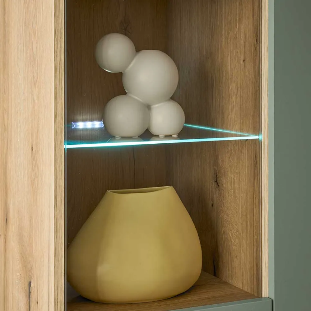 Wohnen Highboards|Vitrinen<Highboard in Graugrün und Wildeiche - Oliva