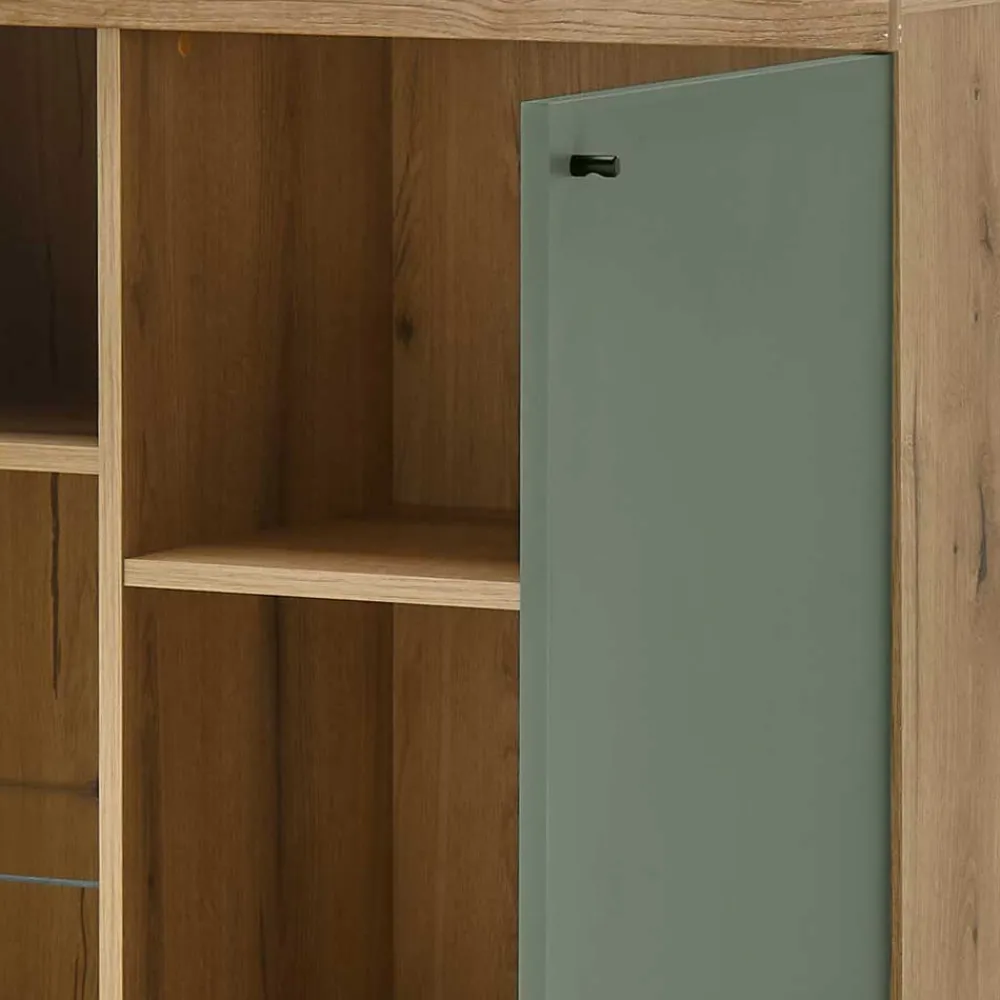 Wohnen Highboards|Vitrinen<Highboard in Graugrün und Wildeiche - Oliva