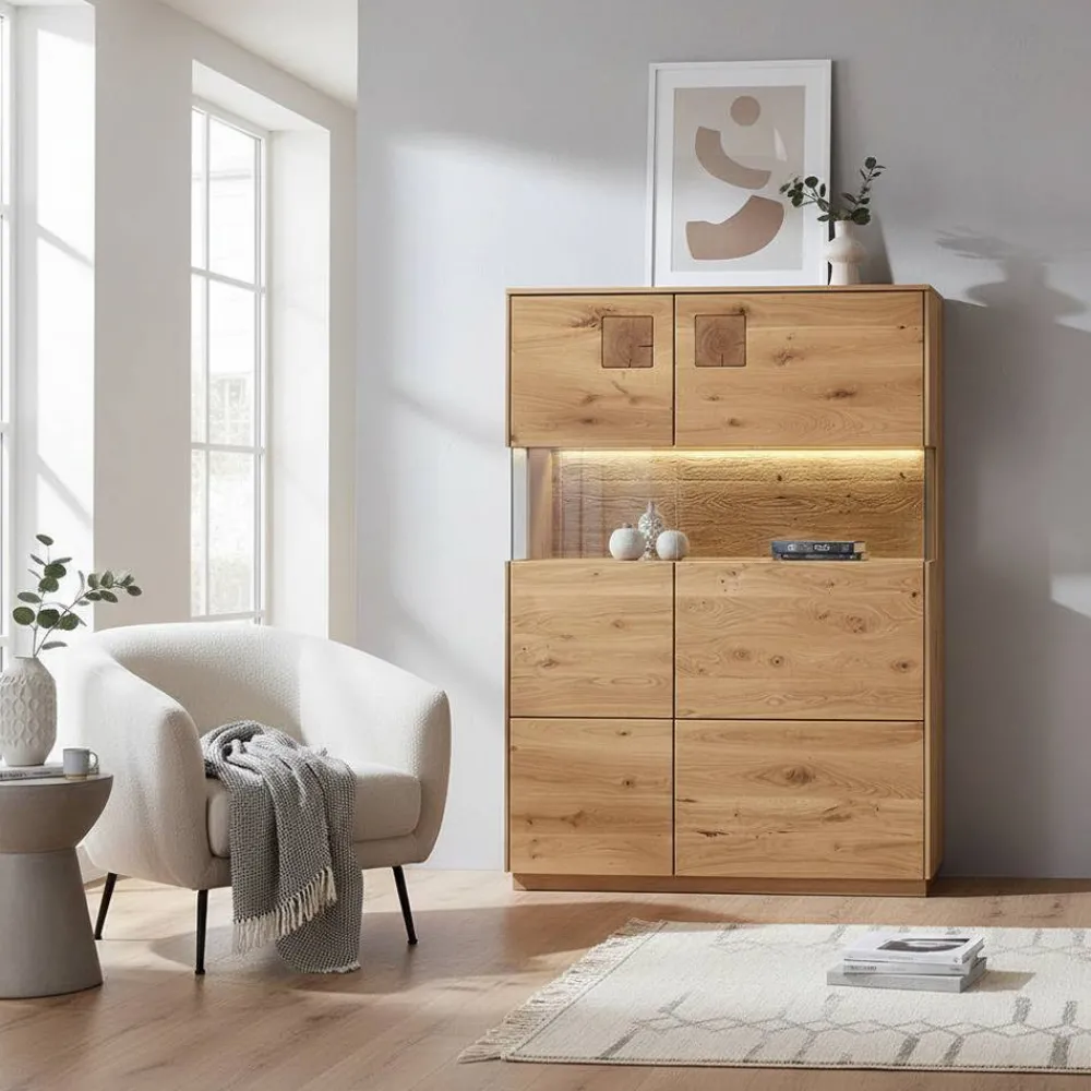 Wohnen Vitrinen|Schränke<Highboard mit Glaseinsatz aus Wildeiche massiv - Millena