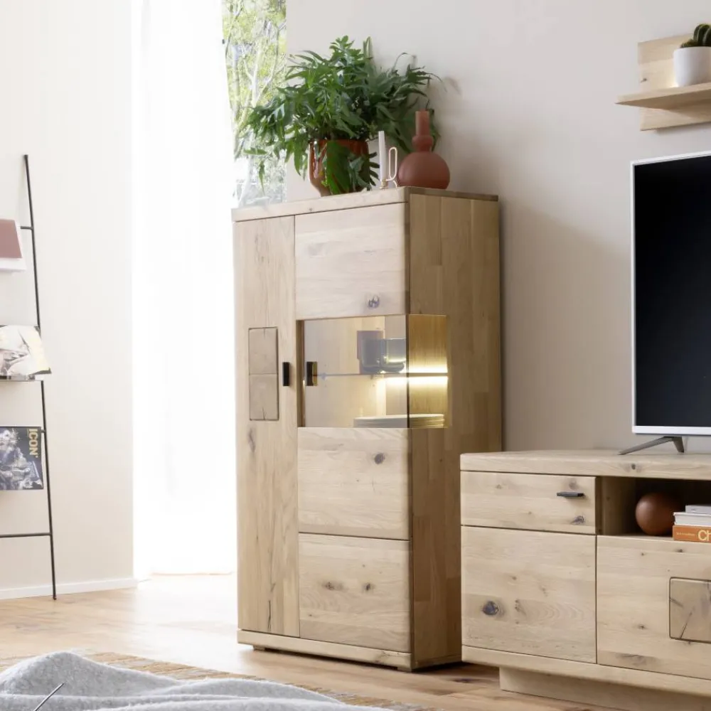 Wohnen Highboards|Vitrinen<Highboard Vitrine aus hellem Asteiche Massivholz - Losiamos
