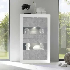 Wohnen Vitrinen|Schränke<Highboard Vitrine in Beton Optik & Weiß HG - Narandu