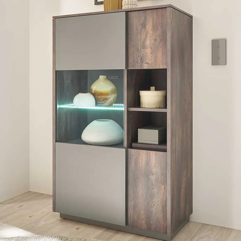Wohnen Vitrinen<Highboard Vitrine in Eiche Dunkel & Grau - Mundo