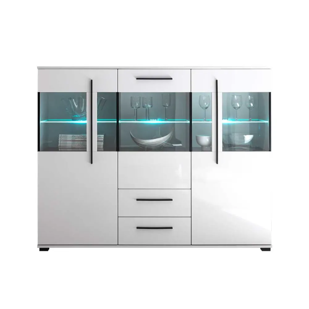 Wohnen Highboards|Kommoden<Highboard Vitrine Jetongos in Weiß Hochglanz Glas