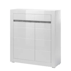 Wohnen Highboards<Hochglanz Highboard in Weiß Mextra mit Absetzung in Beton Optik