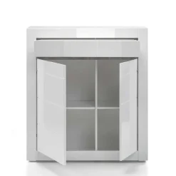Wohnen Highboards<Hochglanz Highboard in Weiß Mextra mit Absetzung in Beton Optik