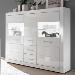 Wohnen Highboards<Hochglanz Highboard in Weiß mit Glas Yulis 3-türig