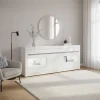 Wohnen Sideboards<Hochglanz Sideboard in Weiß mit 2 Glaseinsätzen Mextra & Beton Dekor