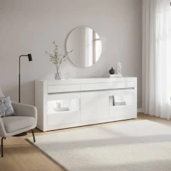 Wohnen Sideboards<Hochglanz Sideboard in Weiß mit 2 Glaseinsätzen Mextra & Beton Dekor
