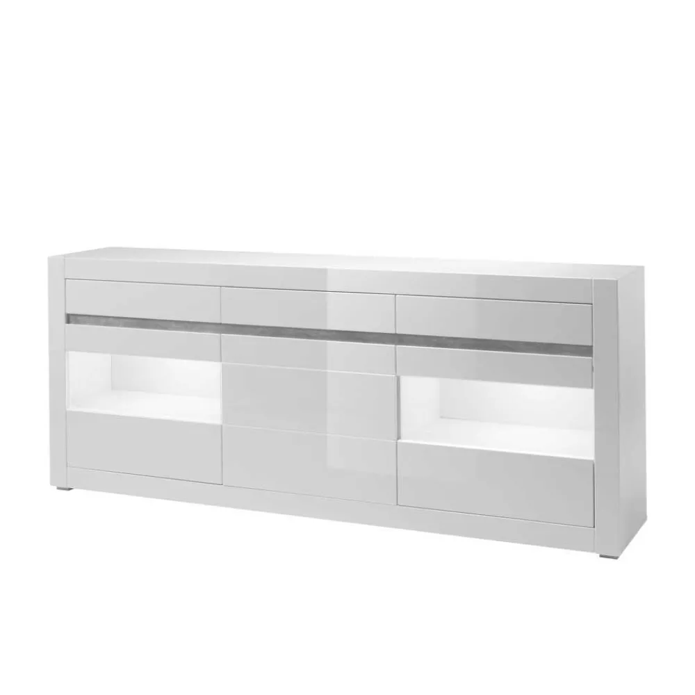Wohnen Sideboards<Hochglanz Sideboard in Weiß mit 2 Glaseinsätzen Mextra & Beton Dekor