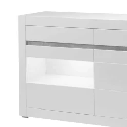Wohnen Sideboards<Hochglanz Sideboard in Weiß mit 2 Glaseinsätzen Mextra & Beton Dekor