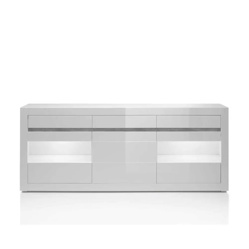 Wohnen Sideboards<Hochglanz Sideboard in Weiß mit 2 Glaseinsätzen Mextra & Beton Dekor