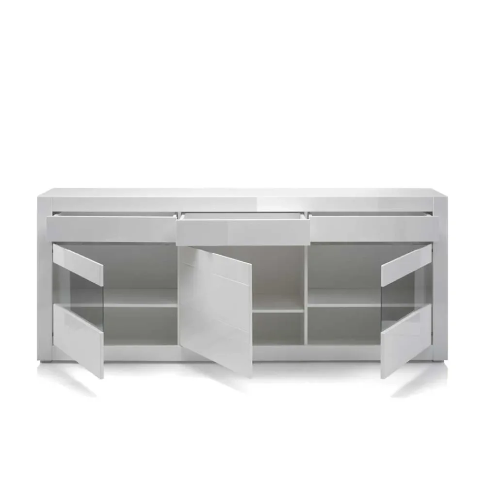 Wohnen Sideboards<Hochglanz Sideboard in Weiß mit 2 Glaseinsätzen Mextra & Beton Dekor