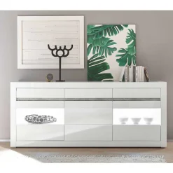 Wohnen Sideboards<Hochglanz Sideboard in Weiß mit 2 Glaseinsätzen Mextra & Beton Dekor