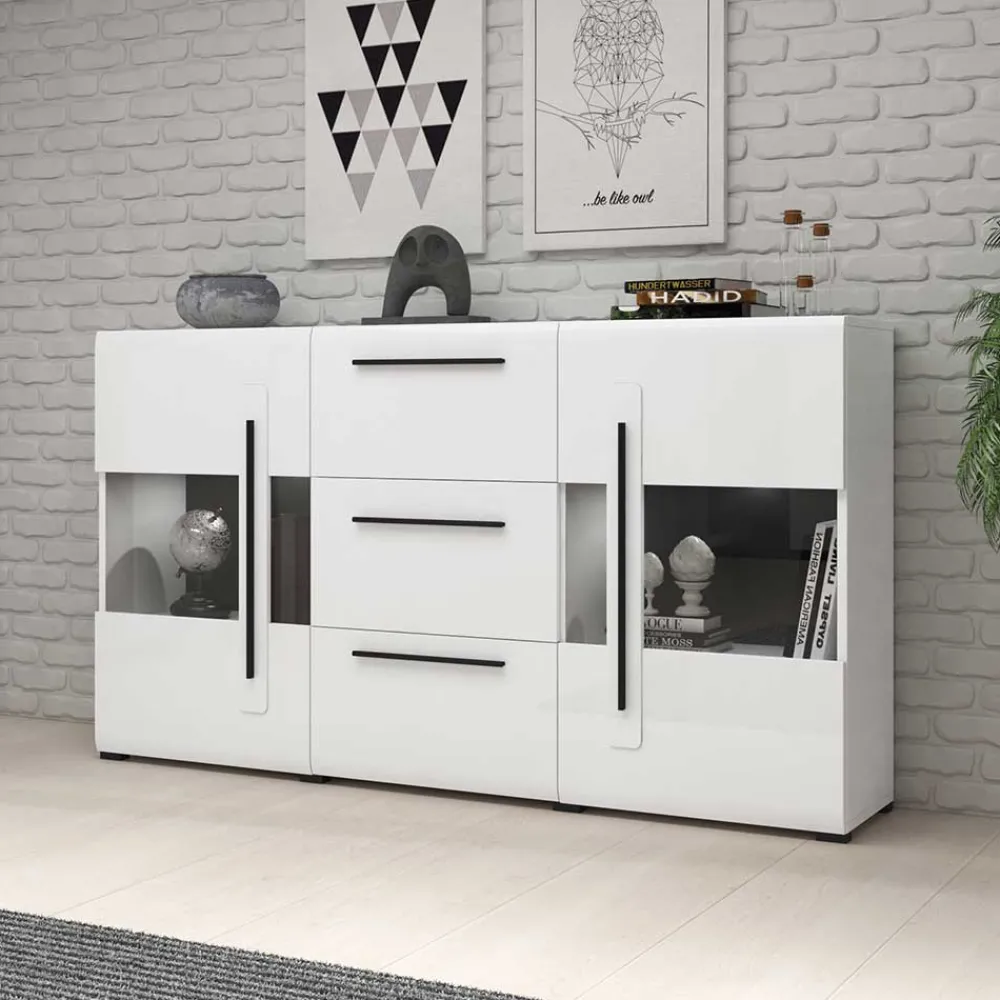 Wohnen Sideboards<Hochglanz Sideboard mit Glas in Weiß - Baranoma
