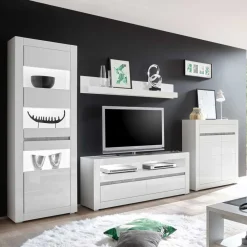 Wohnen Wohnwände<Hochglanz TV Anbauwand in Weiß Mextra mit Beton Dekor (vierteilig)