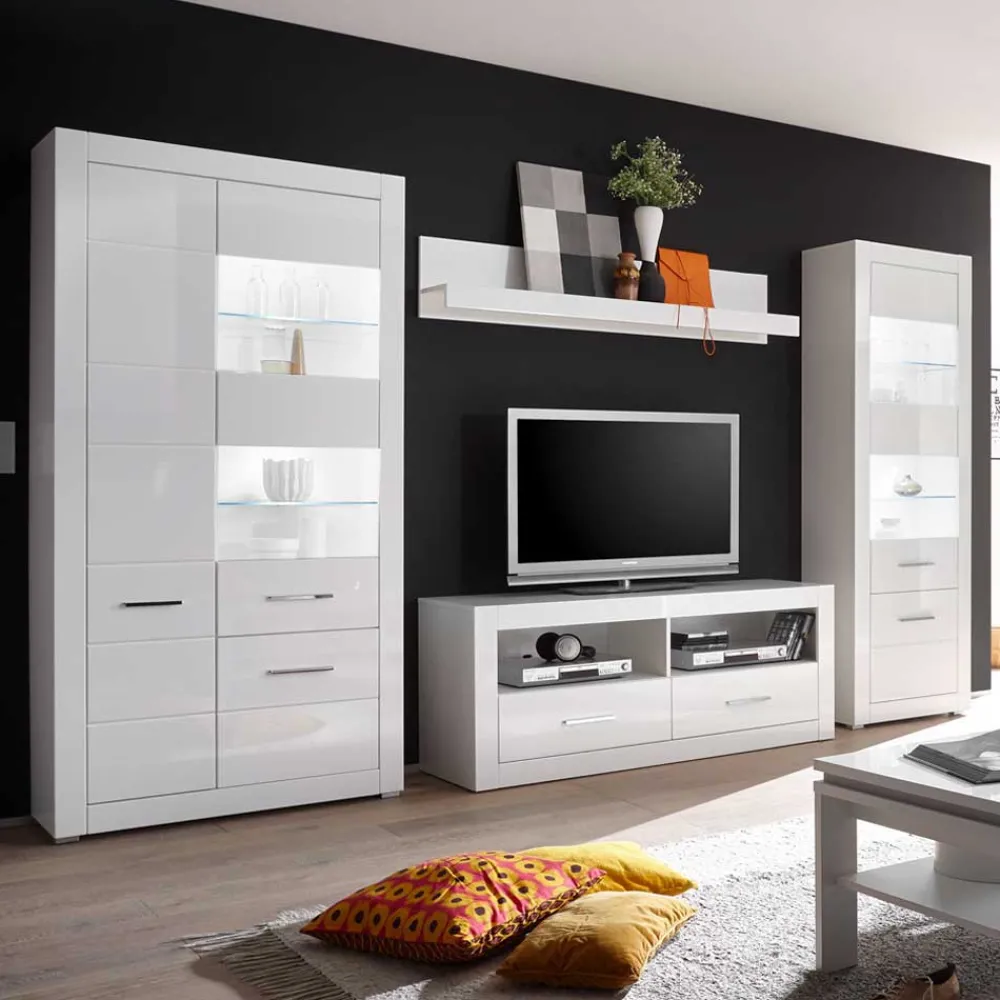 Wohnen Wohnwände<Hochglanz TV Anbauwand in Weiß Yulis optional mit LED (vierteilig)