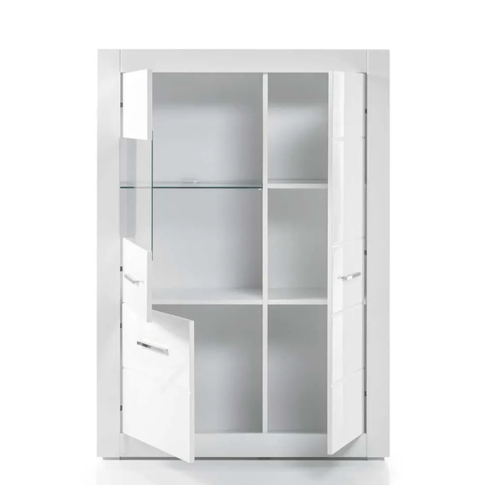 Wohnen Highboards|Vitrinen<Hochglanz Vitrine in Weiß 3-türig Yulis mit Glaseinsatz