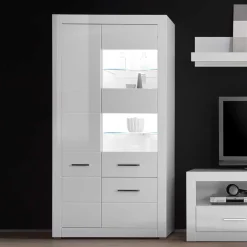 Wohnen Vitrinen<Hochglanz Vitrinenschrank in Weiß & Glas Yulis 3-türig