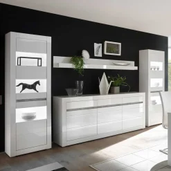 Wohnen Wohnwände<Hochglanz Wohnkombination in Weiß Mextra mit Beton Dekor & Glas (vierteilig)