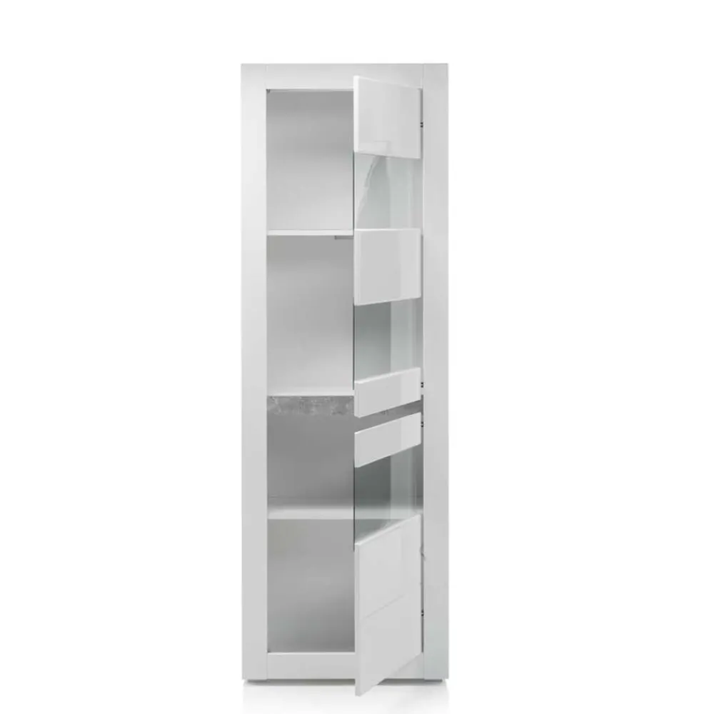 Wohnen Wohnwände<Hochglanz Wohnkombination in Weiß Mextra mit Beton Dekor & Glas (vierteilig)