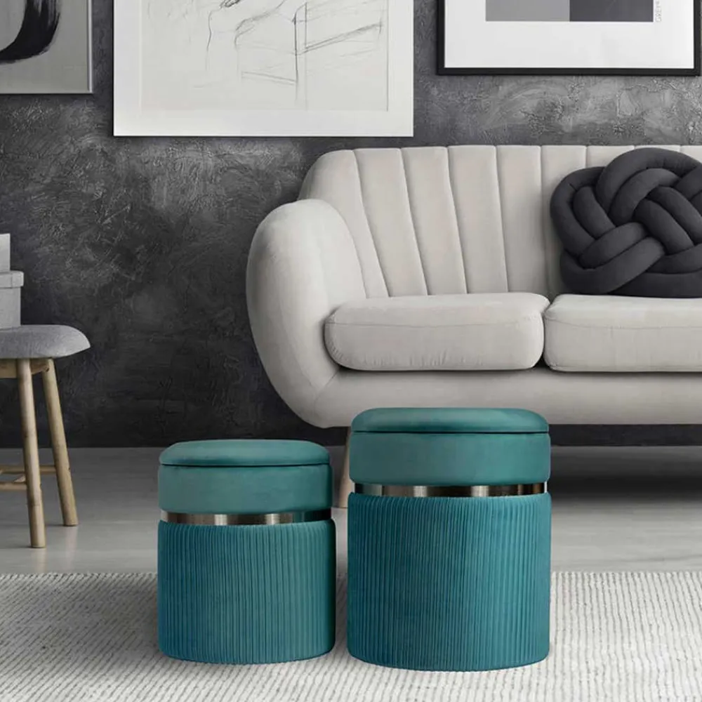 Wohnen Hocker<Hocker in Blau Petrol mit Silber - Beanca (zweiteilig)