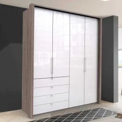 Wohnen Kleiderschränke<Hoher Kleiderschrank in Weiß Glas & Eiche Dunkel - Empresian