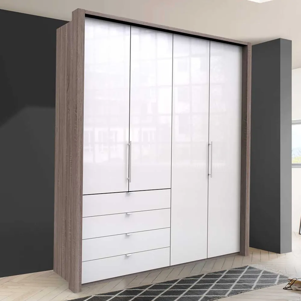 Wohnen Kleiderschränke<Hoher Kleiderschrank in Weiß Glas & Eiche Dunkel - Empresian